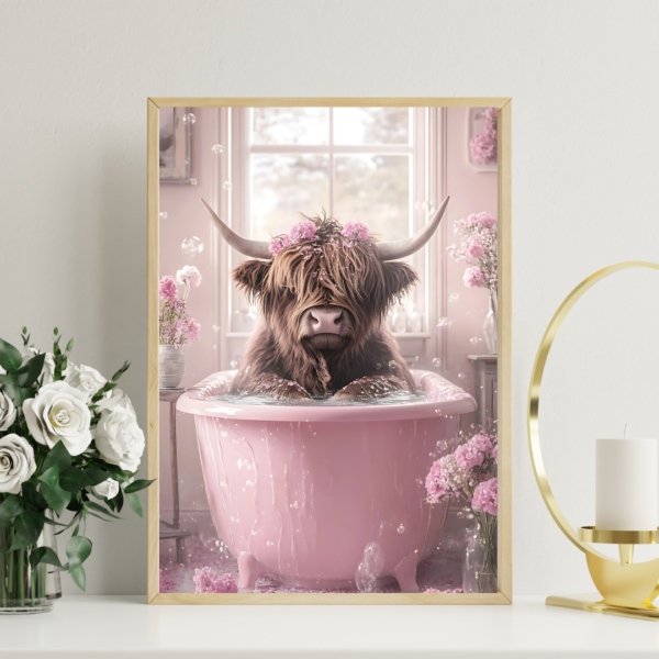 Vache higland dans son bain affiche décoration murale