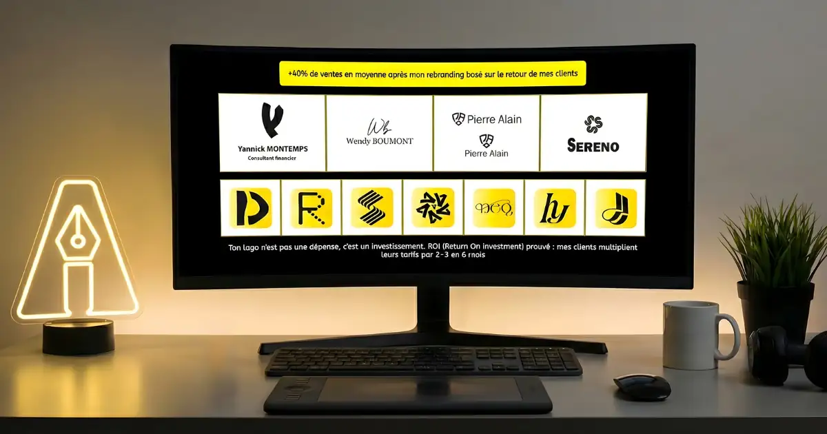 nterface SaaS minimaliste sombre et jaune illustrant le travail d'Adeline Courtois, graphiste freelance à Roubaix spécialisée dans l'identité visuelle pour startups Tech et Solopreneurs.