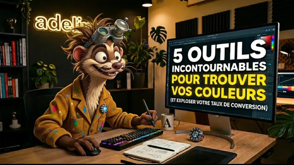 Adeline Courtois, graphiste freelance basée à Roubaix (Hauts-de-France), présente son espace de travail optimisé pour la création d'identités visuelles Tech et SaaS. Sur son bureau, l'outcome visuel résultant de l'utilisation des 5 outils palettes couleurs recommandés dans son article : un iMac affichant des logos minimalistes crédibles, son Kit Lancement Digital et les nuanciers HakoTools. L'éclairage néon jaune 'Adeline' incarne une marque forte et différenciée, prête à générer du ROI.