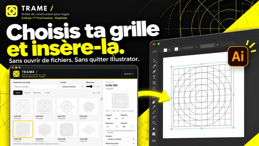 Réglages TRAME pour personnaliser la largeur, la rotation, l'épaisseur, l'opacité et la couleur d'une grille Illustrator.
