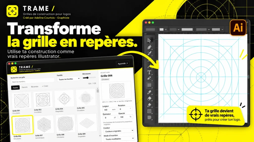 TRAME permet d'utiliser des grilles de construction comme repères natifs dans Adobe Illustrator.