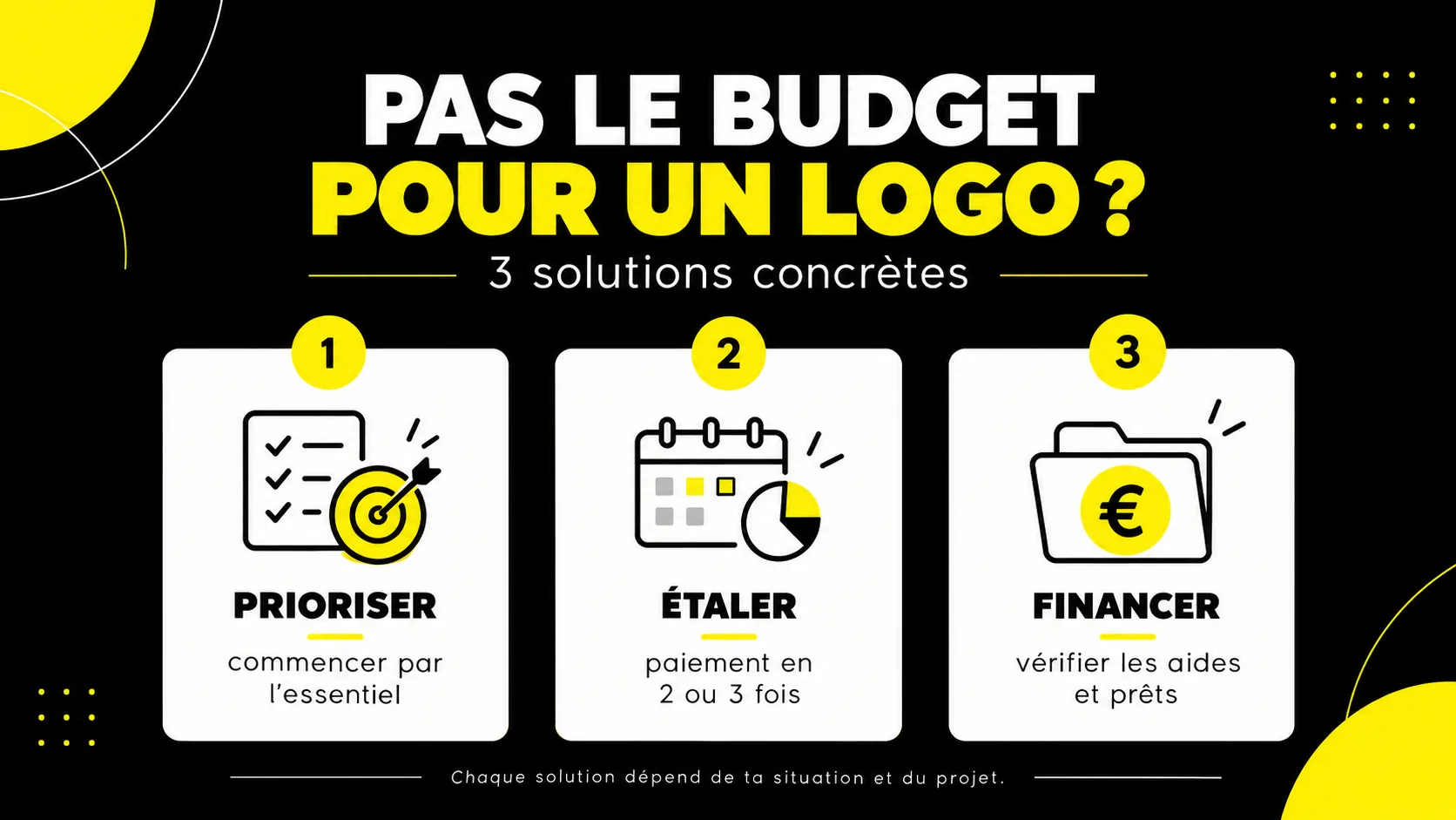 Infographie originale en noir blanc et jaune présentant trois solutions : prioriser, étaler le paiement ou rechercher un financement