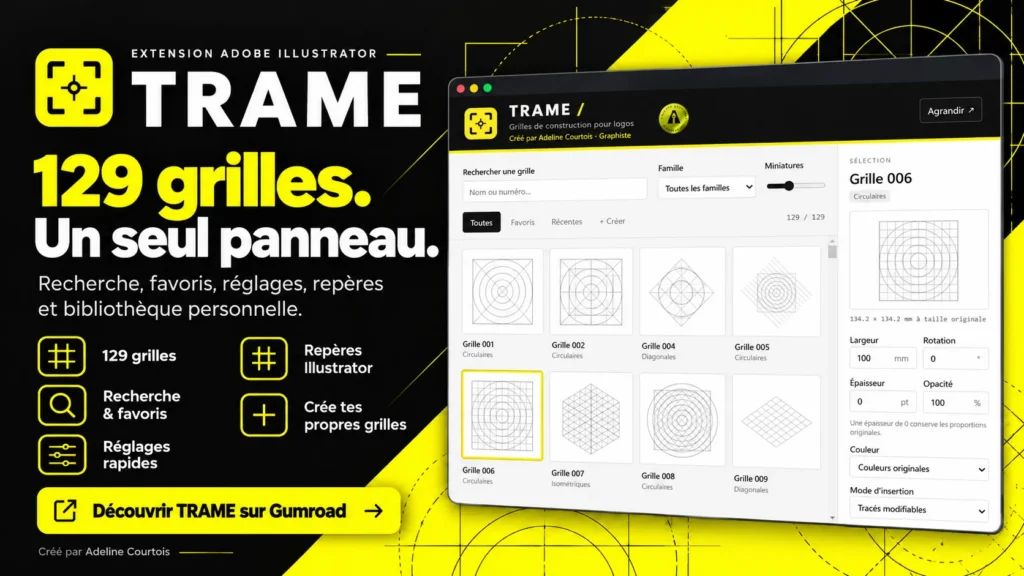 Présentation de TRAME, extension Adobe Illustrator avec 129 grilles de construction pour logos et panneau de sélection intégré.